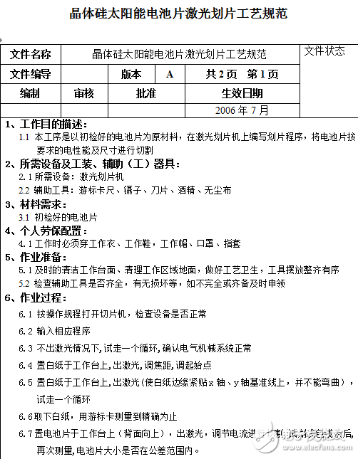 晶體硅太陽(yáng)能電池片工藝規(guī)范和組件測(cè)試及清理工藝規(guī)范介紹