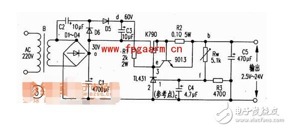 　　工作原理  　　如圖所示，220v電壓經(jīng)變壓器B降壓、D1-D4整流、C1濾波。此外D5、D6、C2、C3組成倍壓電路（使得Vdc＝60V），Rw、R3組成分壓電路，T1431、R1組成取樣放大電路，9013、R2組成限流保護(hù)電路，場(chǎng)效應(yīng)管K790作調(diào)整管（可直接并聯(lián)使用）以及C5是輸出濾波器電路等。  　　穩(wěn)壓過(guò)程是：當(dāng)輸出電壓降低時(shí)，f點(diǎn)電位降低，經(jīng)T1431內(nèi)部放大使e點(diǎn)電壓增高，經(jīng)K790調(diào)整后，b點(diǎn)電位升高；反之，當(dāng)輸出電壓增高時(shí)，f點(diǎn)電位升高，e點(diǎn)電位降低，經(jīng)K790調(diào)整后，b點(diǎn)電位降低。  　　從而使輸出電壓穩(wěn)定。當(dāng)輸出電流大于6A時(shí)，三極管9013處于截止，使輸出電流被限制在6A以?xún)?nèi)，從而達(dá)到限流的目的。本電路除電阻R1選用2W、R2選用5W外，其它元件無(wú)特殊要求，其元件參數(shù)如圖3所示。  　　1  　　2  　　基于TL431的延時(shí)定時(shí)器電路圖  　　1  　　TL431的無(wú)反饋，可以看作一個(gè)NPN或N - MOS器件高跨導(dǎo)和精確的2.5V接通電壓 。管頭要小心：TL431的引腳上（+電源）是陰極，較低的（供應(yīng)） - 陽(yáng)極 。。。 它的另一個(gè)世界。  　　1  　　重負(fù)荷（超過(guò)100毫安），可以通過(guò)完全脫鉤的繼電器或optocouples供電，或與PNP（P - MOS）開(kāi)關(guān)晶體管。為監(jiān)管機(jī)構(gòu)制定的特殊的PNP類(lèi)型 - 這些具有低壓降和不需要很多的基極電流。  　　1  　　要添加遲滯（正反饋） - 添加另一個(gè)PNP逆變器。從電源紋波穩(wěn)壓器中分離出來(lái)的RS - DS輸入網(wǎng)絡(luò)。  　　1  　　基本定時(shí)器配置。設(shè)置起動(dòng)電流通過(guò)RT為100uA（遠(yuǎn)高于基輸入繪制2uA）。開(kāi)啟延時(shí)T1 = 2.5V/U1 *（RT * NO）。斷電延時(shí)通常是由負(fù)載電流，但你必須考慮電源capacitanca和泄漏（C2，R2）的影響。  　　工作例如：連續(xù)兩次在電子管放大器的延遲（45秒，60秒）。齊納穩(wěn)壓電源供應(yīng)器（它可以摩托艇沒(méi)有它 - 繼電器的電流是相當(dāng)高的，100mA的）分離定時(shí)電容。  　　如果連續(xù)兩次延遲有一個(gè)相對(duì)較小的時(shí)間傳播 - 使用單一的定時(shí)電容：  　　1