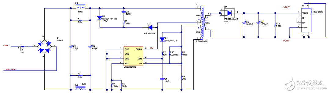 85VAC-265VAC 輸入、5V7.5W 低成本、小尺寸反激電路原理圖的分享