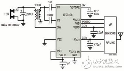 圖2 LTC3108用于無線遠端傳感器應用,該應用由熱電發(fā)生器供電(Peltier Cell)