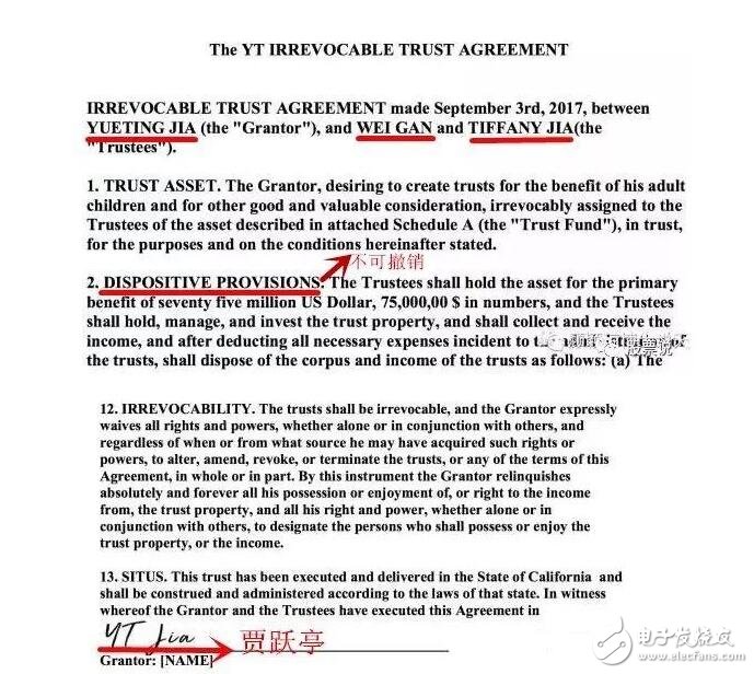 　　賈躍亭美國信托文件  　　1  　　據(jù)律師透露，最后文書的簽訂工作將會是2017年九月底，在文書最后完成以及資金打入指定信托賬號后，整個資金將會和賈躍亭完全無關，我再介紹一下相關知識。不可撤銷的生前信托（irrevocable living trusts）具備資產(chǎn)保護的功能（簡言之，債主無法追討到此類信托名下的財產(chǎn)），這是可撤銷生前信托功能所不及的，許多人知道這點時，都躍躍欲試，這是人之常情，不過，并非每個人都適合成立不可撤銷的信托。  　　絕大多數(shù)情形下，要成立不可撤銷的生前信托來保護資產(chǎn)，成立人不能是信托管理人，也就是說成立人不能直接碰觸信托本金；在美國加州，成立人要有把握將來不會需要以該信托本金做抵押貸款；雖然加州州準許成立人撤銷這類信托，但需經(jīng)過所有利害關系人的書面同意；成立人也不能任意更改信托的重要內(nèi)容。在這些限制下，成立不可撤銷的信托的人經(jīng)常是在成立此類信托后還有足夠流動資產(chǎn)的人，或是有充分跡象（即有高度可能性）會積欠政府巨額醫(yī)療補助或?qū)ν馀e債、而特別需要保護家產(chǎn)的高齡者。  　　賈躍亭回應  　　對此，賈躍亭發(fā)聲：“呵呵，我今天才發(fā)現(xiàn)在美國這么重要的法律文件，簽名居然可以用“YT”這個簡拼來簽。在這個造謠零成本的自媒體時代，居然也有如此無腦的造假者，而且他的謠文還輕而易舉的被捧為‘10萬+’。”  　　與此同時，樂視控股也發(fā)聲明表示，惡意杜撰信托文件，將進行法律訴訟。 以下是聲明內(nèi)容。  　　2  　　唉，想想當時賈躍亭的造車夢，我只能說“蒙眼狂奔32個月，為它流淚哽咽為它丟了樂視網(wǎng)?！比绻敵踬Z躍亭沒有造車，如今的樂視恐怕不容小覷。一步錯步步錯。  　　當初賈躍亭在為大家講述他的造車理想時曾放出豪言：“即使樂視造車萬劫不復，我們也義無反顧?！比缃瘢瑤缀跻徽Z成讖。  　　3  　　從卸任樂視網(wǎng)總經(jīng)理，到卸任樂視網(wǎng)董事長。在大堆債務的裹挾下，如今的他似乎已經(jīng)沒有回頭路可走。  　　就在辭任樂視網(wǎng)董事長的同日上午，賈躍亭還在微博上進行公開表態(tài)，承諾他會負責到底。即使在這樣的聲明里，他仍然要提到樂視汽車，“懇請大家給樂視一些時間，給樂視汽車一些時間，我們會把金融機構、供應商以及任何的欠款全部還上。”  　　延伸閱讀：什么是信托_如何購買信托  　　什么是信托  　　信托，初看是金融，再看是法律安排，認真感悟，是人性。信托之所以能夠存在，是基于信任，是基于對人性中善的一面的認知。當然，這種信任，也有法律制度的保障做基礎。  　　信托的本源是“我信任你，把某些資產(chǎn)托付給你去運營和打理，到約定時間你給我一定收益”，受托人背負著信托責任。  　　由此可以看出信托的四個基本要素：即信托行為（委托），信托目的（運營和打理資產(chǎn)，并獲得收益），信托當事人（委托人、受托人），信托財產(chǎn)（委托的資產(chǎn)）。  　　信托的監(jiān)管機構是銀監(jiān)會，信托公司屬于非銀行類金融機構，其業(yè)務運作均有法律依據(jù)，受法律約束。  　　1  　　如何購買信托  　　從推介（俗稱銷售）渠道看，信托產(chǎn)品有兩大渠道：1）信托公司自行銷售;2 ）委托外部機構銷售  　　1、信托公司自行銷售  　　銀監(jiān)會頒布的《信托公司集合資金信托計劃管理辦法》對信托公司的產(chǎn)品退金額設置了嚴格的限制條件，如不得做廣告、未經(jīng)報備不得異地推介等。這其中，廣告推介限制基本都獲得了良好的遵守（部分監(jiān)管較松地區(qū)有公司打擦邊球），異地推介事實已被突破，監(jiān)管部門也默認?，F(xiàn)在，不少信托公司都成立了獨立的財富管理中心，負責本公司產(chǎn)品及其他金融產(chǎn)品的銷售。委托外部機構銷售  　　2、銀行渠道  　　根據(jù)《信托公司集合資金信托計劃管理辦法》，如果信托公司委托外部機構銷售，必須委托金融機構。在前幾年，銀行和信托公司合作較多，從項目推介到產(chǎn)品銷售都有，因此許多產(chǎn)品由銀行代銷。這是合法合規(guī)的。變化出現(xiàn)在去年年底。當時華夏銀行上海嘉定支行違規(guī)代銷一般公司的私募產(chǎn)品，被媒體盛傳為信托產(chǎn)品，信托公司躺槍。后來，銀監(jiān)會要求銀行代銷信托產(chǎn)品，需獲得總行審批，導致銀行代銷渠道，特別是大型銀行代銷渠道菱縮。  　　3、非銀行金融機構渠道  　　這幾年股市低迷，證券公司營業(yè)部業(yè)務不景氣，而這邊廂信托欣欣向榮，收益率高，又穩(wěn)定，還有剛性兌付，吸走不少投資者和資金。鑒于此，證券公司與其被動，不如主動應對，化身理財咨詢，代理銷售信托產(chǎn)品。但去年資管產(chǎn)品出臺后，證券公司優(yōu)先銷售自己公司資管部門發(fā)行的資管產(chǎn)品，這一渠道也受到較大影響。  　　4、非金融機構  　　這個就是灰色渠道了?，F(xiàn)在眾多投資咨詢公司等一般工商企業(yè)，實際也在代銷信托產(chǎn)品，而且占比極大，形成規(guī)模，監(jiān)管部門也默認了這一現(xiàn)實。從風險角度，金融機構代銷信托產(chǎn)品，因為多是自己客戶，需要長期維護，且有監(jiān)管，一般較為謹慎，自身內(nèi)部會對產(chǎn)品進行一定審查。而廣大非金融機構第三方，則以盈利為第一要務，對風險基本不重視。為了提高代銷競爭力，這些第三方把從信托公司獲取的傭金，直接切分一部分出來給投資者，而且是簽約打款后就直接給現(xiàn)金。這種做法，反過來對信托公司形成了惡性競爭。信托公司有必要在產(chǎn)品收益率設置上規(guī)避這一問題。