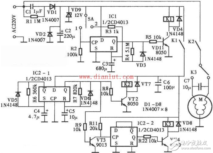 cd4013應用電路圖大全（觸摸開關電/定時器/繼電器/電源頻率檢測器）